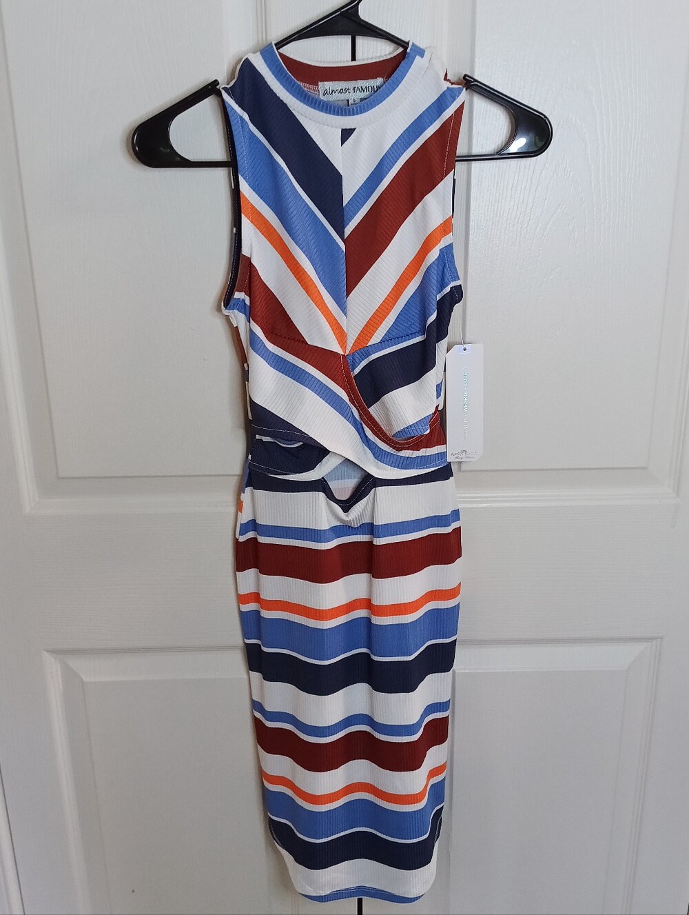 Almost Famous Striped Midi Dress Women S Blue NWT Cut Out Chevron Ribbed